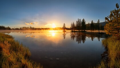 Fototapeta premium Reflections On The Surface Of A Tranquil Lake At Sunrise