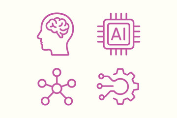 Set of four stylized icons representing artificial intelligence concepts including a human head with a brain a cpu chip with ai text a neural network and a gear with circuits