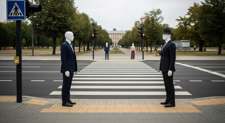 Sophisticated mannequins in sharp suits stand at a crosswalk, symbolizing business decisions and strategic paths on an overcast day.