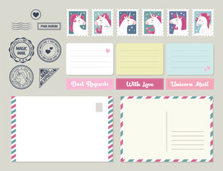 Big set of cute unicorn theme cards, stamps, envelopes. Decorative elements for greeting and wish cards, invitations, birthday party, baby shower. Pastel colors.