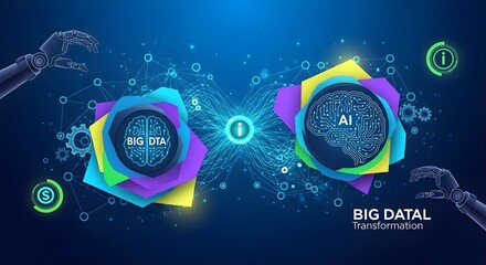 Creative digital illustration of big data and artificial intelligence transformation, featuring neural networks, robotic hands, colorful geometric shapes, and futuristic technology for business innova