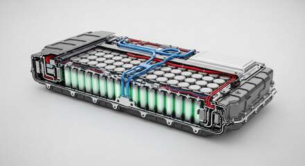 Explore the intricate inner workings of a high-performance electric vehicle battery pack, showcasing advanced technology and clean energy innovation.