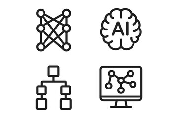 Set of four simple line art icons representing artificial intelligence and neural networks