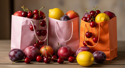 Vibrant assortment of fresh fruits spilling from colorful shopping bags, evoking healthy eating and grocery shopping joy