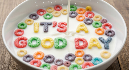 Start your morning with vibrant, colorful cereal letters spelling "It's A Good Day" in creamy milk for a positive, cheerful beginning.