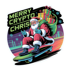 Santa Claus on hoverboard with gifts and Merry Crypto Christmas text in futuristic holiday design
