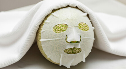 Whimsical melon with sheet mask and towel creates a fun, natural skincare concept for beauty and wellness promotions