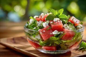 Refreshing Watermelon Salad in a Glass Bowl on Wooden Surface