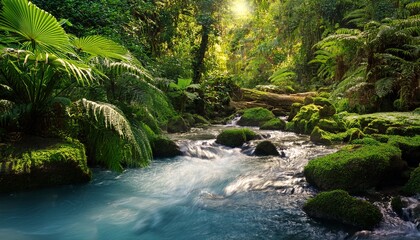 Fototapeta premium Tropical Rainforest Scene Featuring Lush Vegetation And Clear Streams Winding Through Rocky Cascades And Subterranean Water Channels