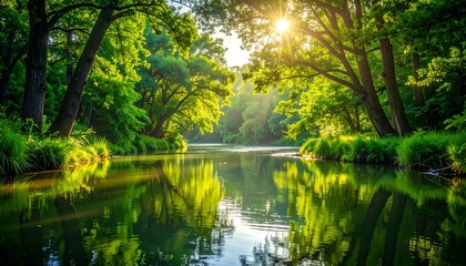 Serene River Through Lush Forest.