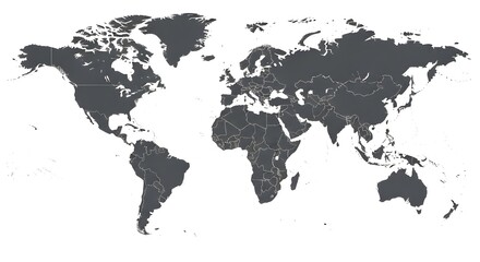 Detailed dark monochrome world map with country borders, ideal for global business presentations, geography education, international projects, and travel planning, emphasizing worldwide connectivity.
