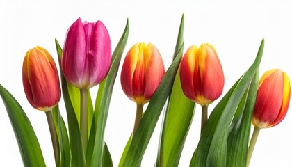 Obraz premium Spring Tulip Flowers In A Row Isolated On White