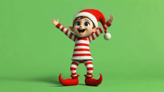 A cheerful elf with red and white striped clothes stands on a green background with arms raised christmas elves green screen video
