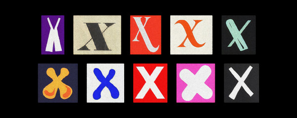 Magazine letter X collage tiles arranged on a solid black background
