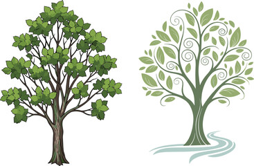Fototapeta premium Realistic and Abstract Tree Vector Illustration with Nature Elements, Decorative Leaves, Artistic Stream Design for Eco, Botanical, and Seasonal Concepts