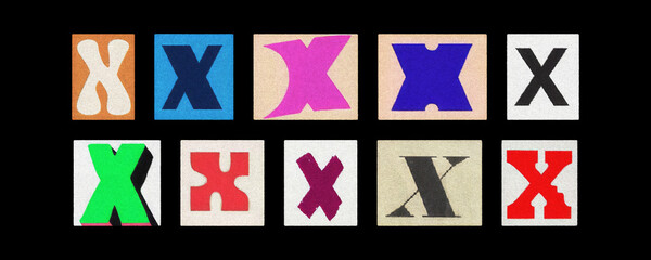Assorted letter X glyph styles, paper cutout collage on black

