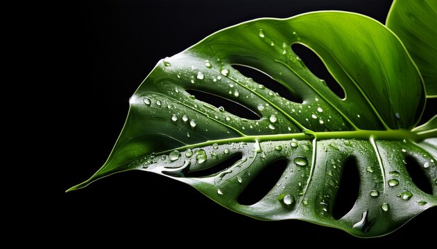 Wet Green Leaf Of Monstera Plant With Drops Of Water On A Black Background Macro Photography