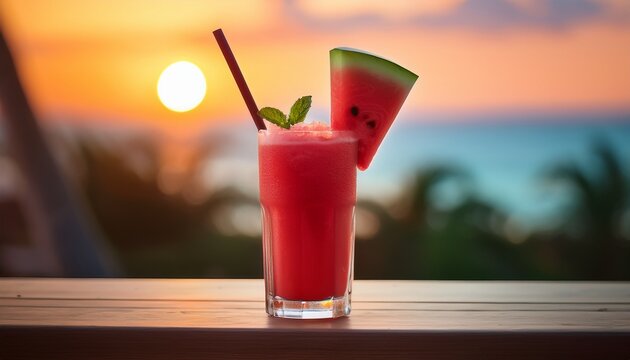 Refreshing Watermelon Slush Cocktail At Sunset