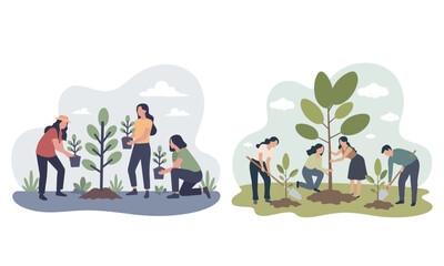 Flat Vector Illustration of People Planting Trees and Renewable Green Energy for Eco Friendly Lifestyle in Pastel Blue Green Violet Style