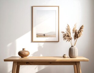 Simple Wooden Table with Artwork and Vase.