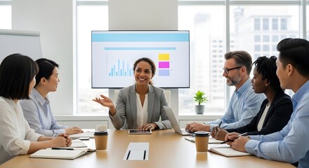 Professional business meeting with diverse team discussing analytics and strategy, woman presenting data on screen, teamwork, collaboration, and corporate planning in a modern office environment.

