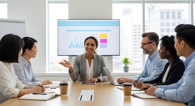 Professional business meeting with diverse team discussing analytics and strategy, woman presenting data on screen, teamwork, collaboration, and corporate planning in a modern office environment.