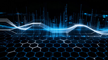 Neon Blue Digital Waveform Over Hexagonal Pattern Ideal For Technology Presentations, Artificial Intelligence Concepts, And Sci - Fi Artwork Creations
