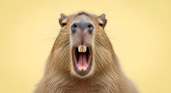 Startled capybara with open-mouth surprise against pastel yellow background, ideal for shock, memes, funny animals, and humorous expressions.
