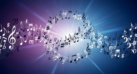Vibrant abstract background with swirling musical notes, treble clefs, and symbols on a blue and purple gradient, representing the energy, creativity, and harmony of music and sound.

