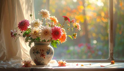 Autumn flowers in vase by window