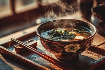 Warm bowl of miso soup with tofu and garnishes in a rustic setting