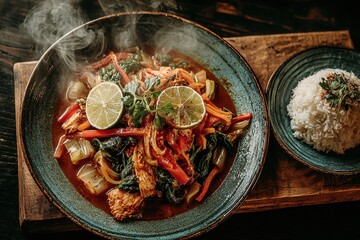 Vibrant curry in a shallow bowl with lime garnish