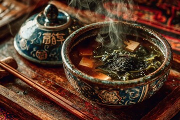 Warm Miso Soup with Tofu Steaming In a Ceramic Bowl