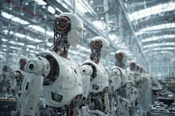 Fototapeta premium A row of humanoid robots stands in a high-tech manufacturing facility, featuring intricate designs and visible mechanical components. Bright lights illuminate the space