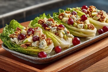 Waldorf salad with grapes walnuts and cheese on a modern plate