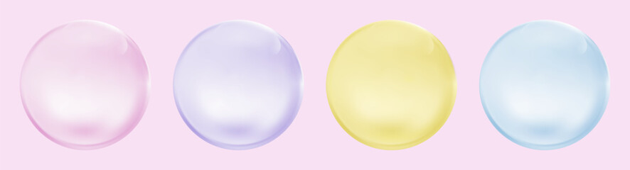 Colored collagen serum bubbles ,3D realistic vector set with transparent spheres and glossy cosmetic drops.