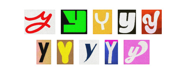 Colorful letter Y collage from magazine clippings, isolated PNG
