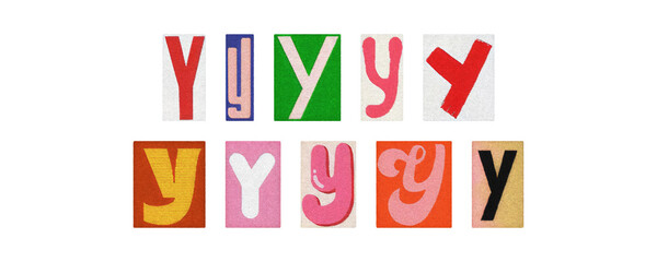 Typography letter Y set in diverse styles, cutouts on transparent PNG
