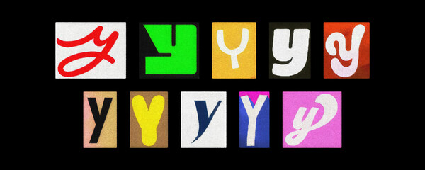 Bold letter Y collection in varied fonts, magazine collage on black
