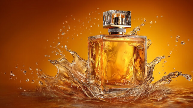 Captivating close-up of a luxurious fragrance bottle, encased in a dynamic golden liquid splash against a vibrant warm background, evoking freshness and elegance for personal indulgence