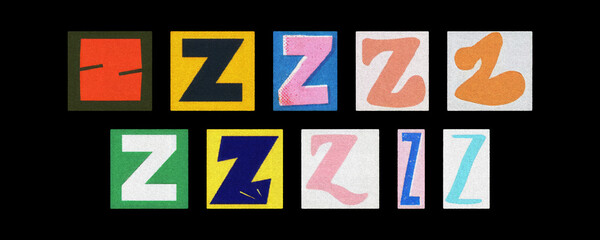 Magazine letter Z collage tiles arranged on black background
