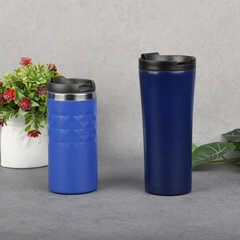 Minimalist Blue Travel Mugs Set With Textured Surface For Coffee On The Go