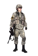 Soldier in full tactical camouflage uniform and gear holding a rifle