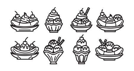 Banana Split Line Art Vintage Fast Food Illustration