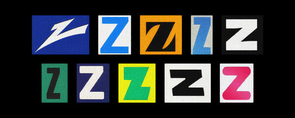 Assorted letter Z glyph tiles displayed on black background
