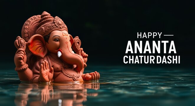 Bidding Farewell to Lord Ganesh: Happy Anant Chaturdashi immersion ritual banner, Happy Anant Chaturdashi: Adorned Ganesha idol enters the water for immersion.