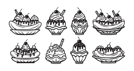 Banana Split Line Art Vintage Fast Food Illustration