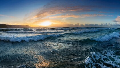 Fototapeta premium Panorama Of Sea Waves On The Background Of Dawn