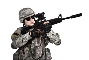 Man in an American soldier's uniform holds a rifle and aims it.