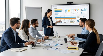 A professional business meeting with diverse team members collaborating around a conference table, as a woman presents data and analytics on a digital screen, representing teamwork, strategy, and lead